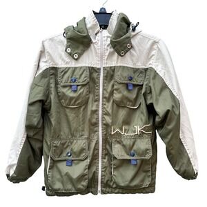 Vintage WJK Hooded Fleece Lined Jacket Olive Green Beige Outdoors Made in Japan